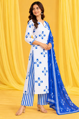 Roop || White & Royal Blue Floral Printed Kurta Palazzo Set with Dupatta