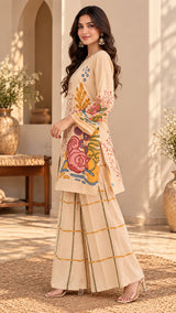 Creaminess || Beige Artistic Floral Printed Kurta Palazzo Co-ord Set