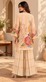 Creaminess || Beige Artistic Floral Printed Kurta Palazzo Co-ord Set