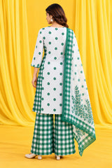Vihana || White & Green Floral Printed Kurta Palazzo Set with Dupatta