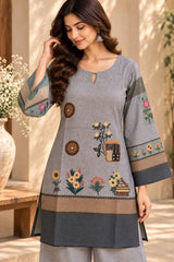 Sanvi || Grey Floral Printed Colour Block Kurta Palazzo Co-Ord Set