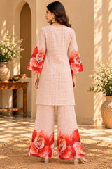 Red Rose || Peach Checkered Floral Printed Kurta Palazzo Co-ord Set