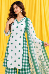 Vihana || White & Green Floral Printed Kurta Palazzo Set with Dupatta