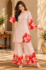 Red Rose || Peach Checkered Floral Printed Kurta Palazzo Co-ord Set