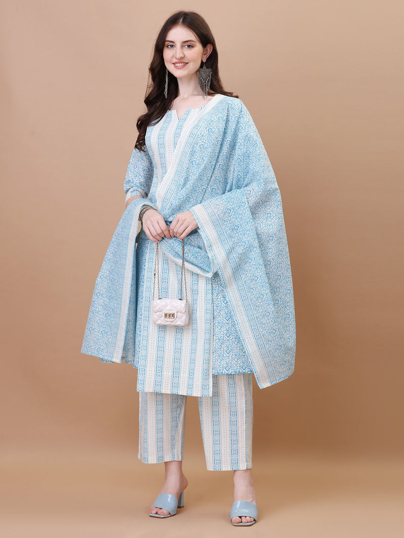 Designer Cotton Printed Kurta Set with Dupatta