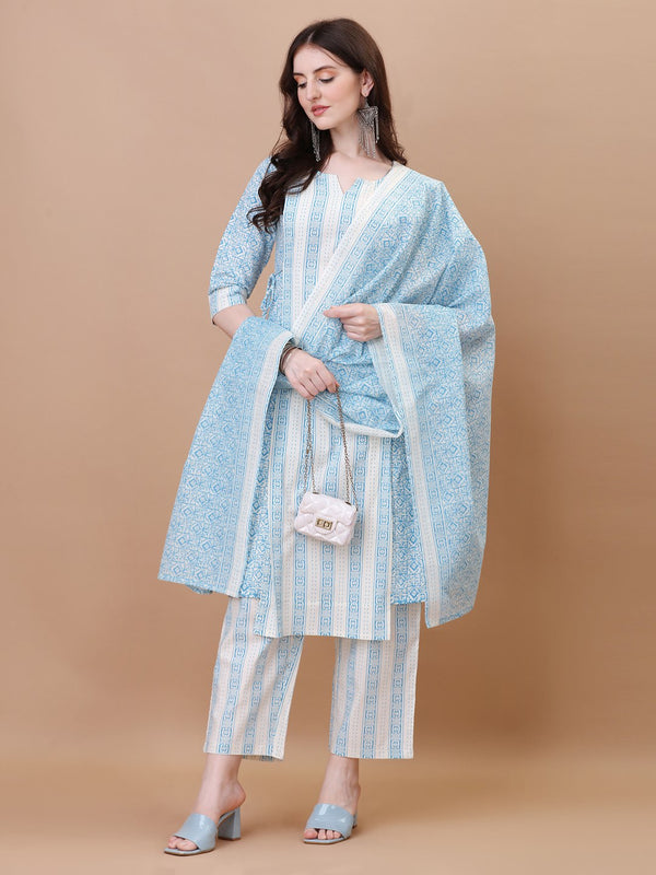 Designer Cotton Printed Kurta Set with Dupatta