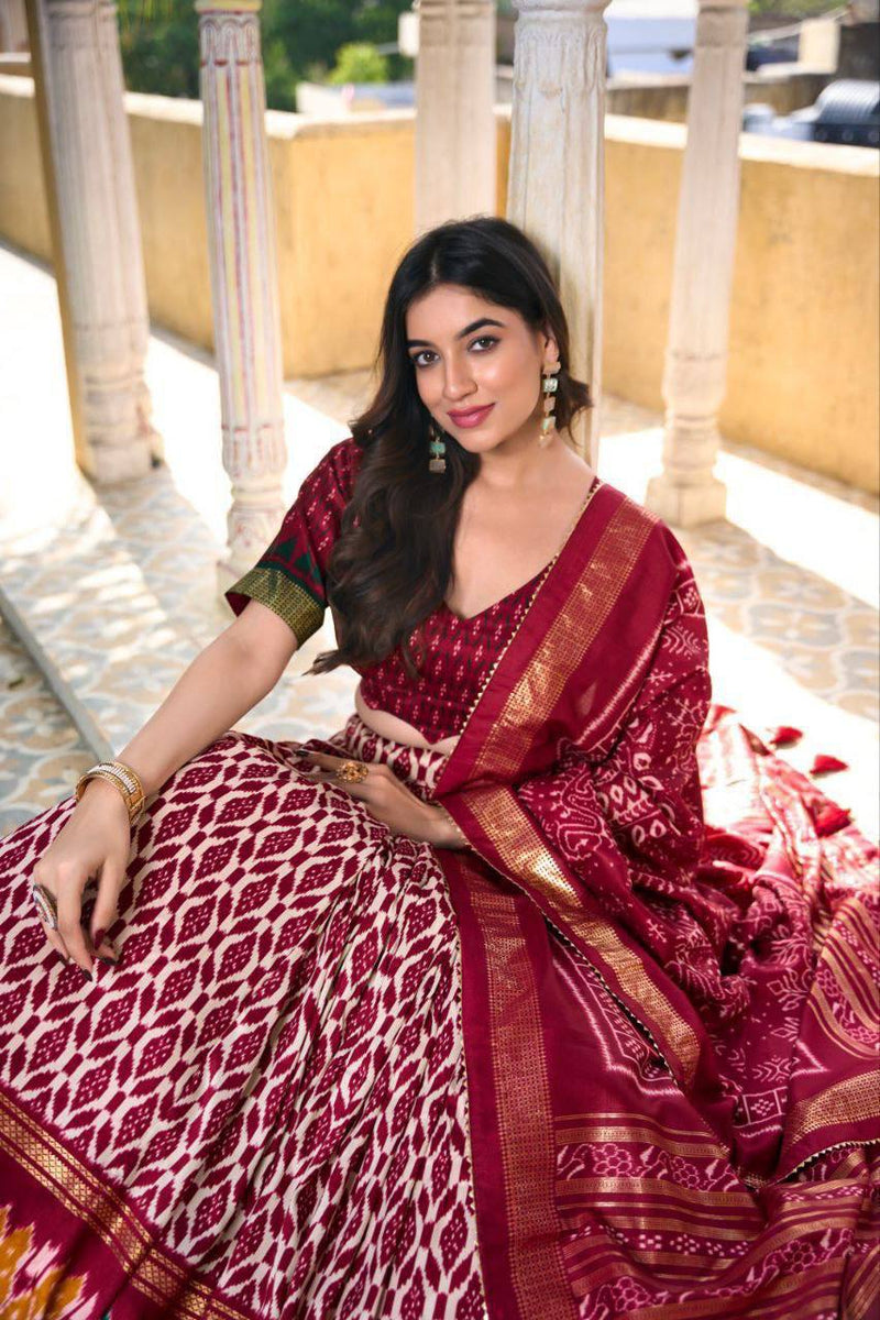 Tussar Silk Lehenga Set with Ikkat Patola Print & Foil Work – A Timeless Masterpiece