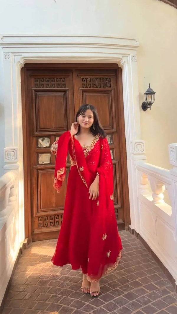 DESIGNER WEAR EXCLUSIVE AND EMBROIDERED GOWN AND PANT PAIR WITH DUPATTA IN GEORGETTE