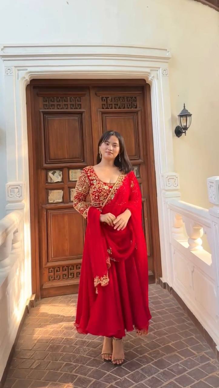 DESIGNER WEAR EXCLUSIVE AND EMBROIDERED GOWN AND PANT PAIR WITH DUPATTA IN GEORGETTE