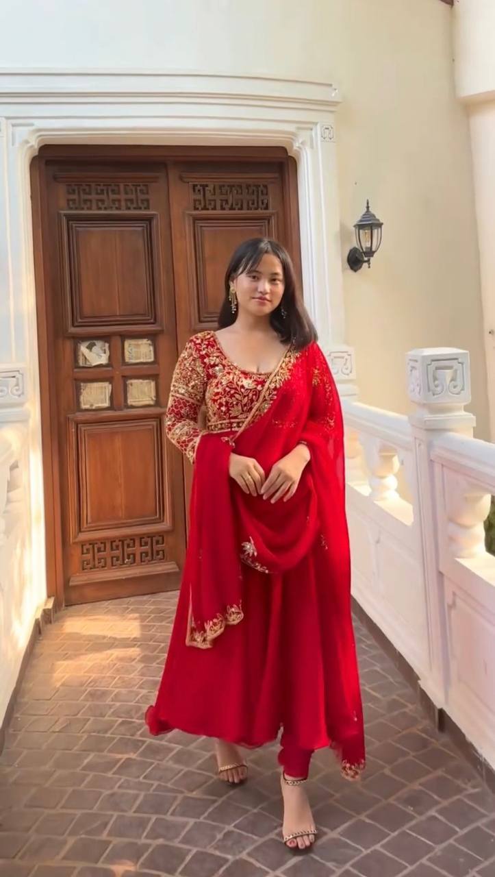 DESIGNER WEAR EXCLUSIVE AND EMBROIDERED GOWN AND PANT PAIR WITH DUPATTA IN GEORGETTE