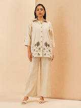 Embroidery Top and Palazzo Co-Ord Set in White Rayon
