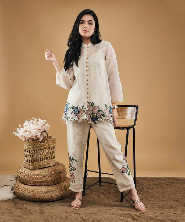 Embroidery Top and Palazzo Co-Ord Set in White Jimmy Choo Fabric