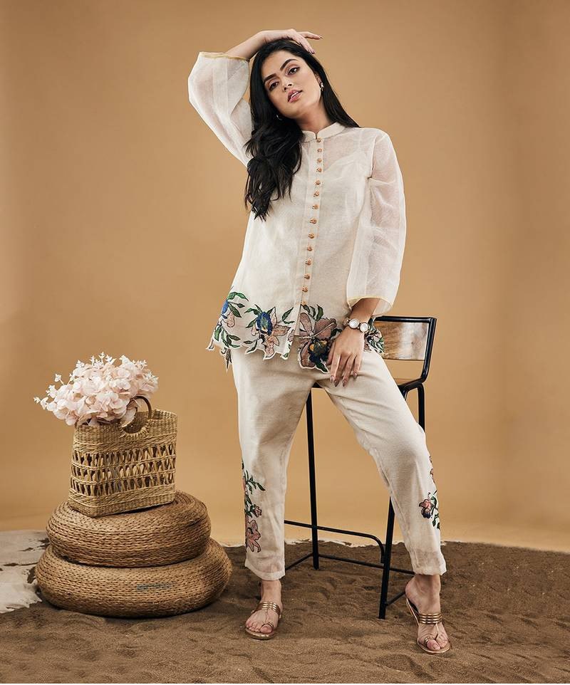 Embroidery Top and Palazzo Co-Ord Set in White Jimmy Choo Fabric