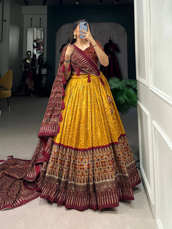 Tussar Silk Lehenga Set with Bandhej & Ajarakh Print – A Fusion of Tradition & Elegance
