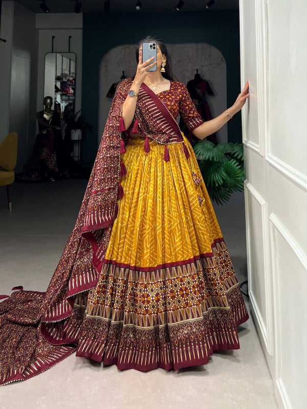 Tussar Silk Lehenga Set with Bandhej & Ajarakh Print – A Fusion of Tradition & Elegance