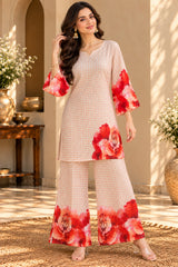 Red Rose || Peach Checkered Floral Printed Kurta Palazzo Co-ord Set