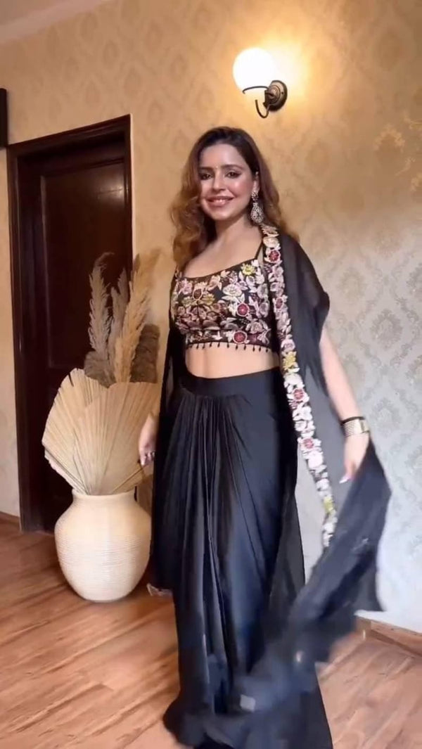 Full view of Black Organza Choli Dhoti Set with sequins and lace embroidery
