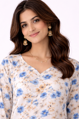 🌸 Ivory Blue Floral Printed Kurti