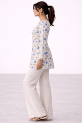 🌸 Ivory Blue Floral Printed Kurti