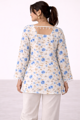 🌸 Ivory Blue Floral Printed Kurti