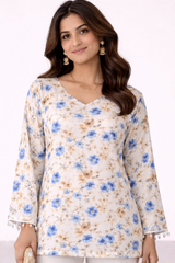 🌸 Ivory Blue Floral Printed Kurti