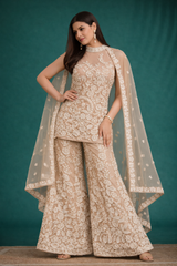 Elegant Beige Net Suit Set with Premium Embroidery & Net Dupatta