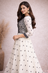 Festive Ivory Designer Anarkali Gown Set with Minimal Elegance