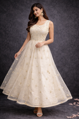 Elegant Champagne Gold Embroidered Anarkali Gown Set