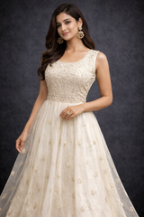 Elegant Champagne Gold Embroidered Anarkali Gown Set