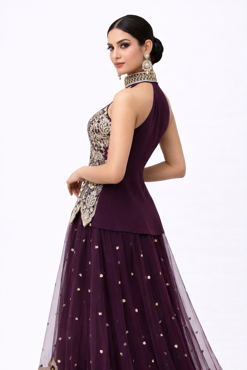 purple designer dress Plum Purple Designer Lehenga Gown with Zari & Sequin Embroidery