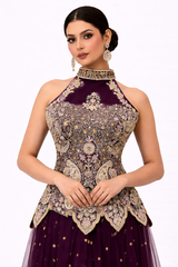 Plum Purple Designer Lehenga Gown with Zari & Sequin Embroidery