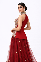 Crimson Red Designer Lehenga Gown with Zari & Sequin Embroidery