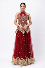 Crimson Red Designer Lehenga Gown with Zari & Sequin Embroidery