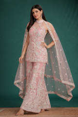 Blush Pink Embroidered Kurta Sharara Set with Sequin & Lace Dupatta