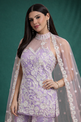Lavender Light Purple Embroidered Kurta Sharara Set with Sequin & Lace Dupatta