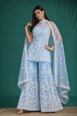 Serene Light Blue Embroidered Kurta Sharara Set with Sequin & Lace Dupatta