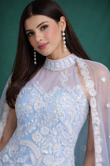 Serene Light Blue Embroidered Kurta Sharara Set with Sequin & Lace Dupatta