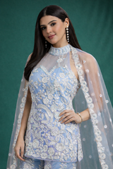 Serene Light Blue Embroidered Kurta Sharara Set with Sequin & Lace Dupatta