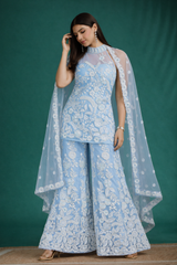 Serene Light Blue Embroidered Kurta Sharara Set with Sequin & Lace Dupatta