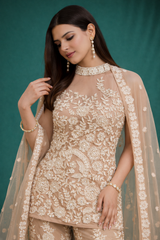 Elegant Beige Net Suit Set with Premium Embroidery & Net Dupatta
