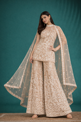 Elegant Beige Net Suit Set with Premium Embroidery & Net Dupatta