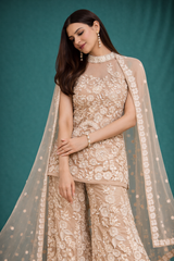 Elegant Beige Net Suit Set with Premium Embroidery & Net Dupatta