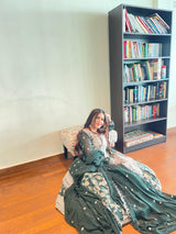 Elegant full-sleeve gown with detailed embroidery work
