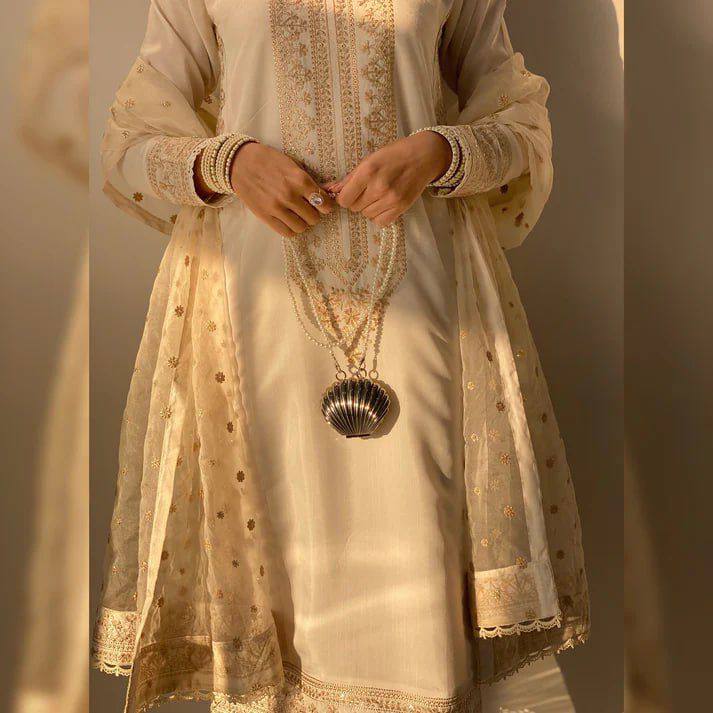 Desirable Roman Silk Sequence Embroidered Suit Set