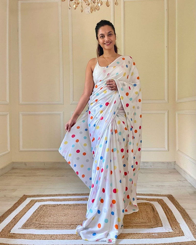 Cotton Satin Polka Dot Saree – Soft, Silky & Timeless Elegance
