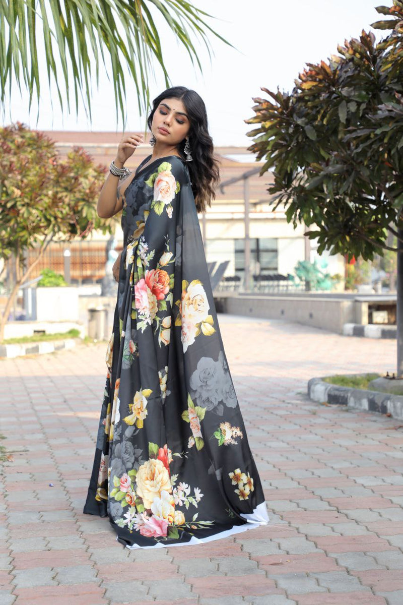 Luxe Floral Satin Saree – Bold, Elegant & Absolutely Stunning