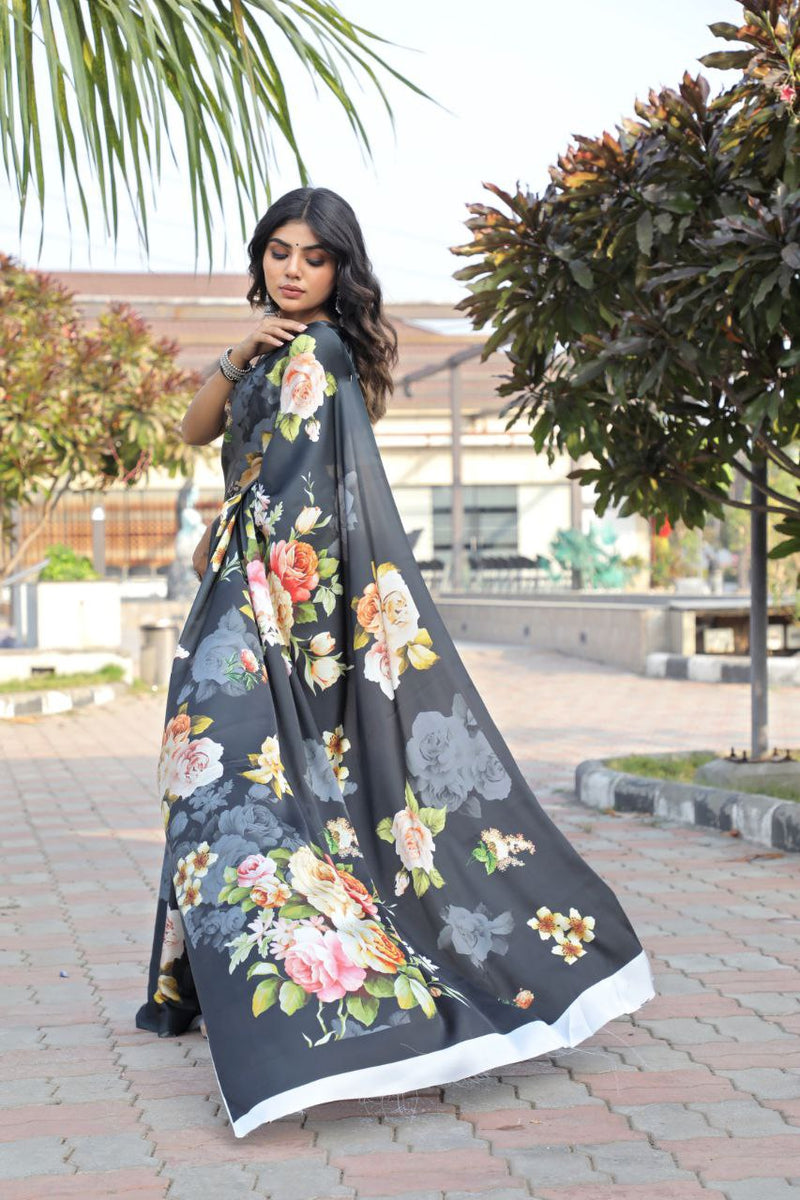 Luxe Floral Satin Saree – Bold, Elegant & Absolutely Stunning