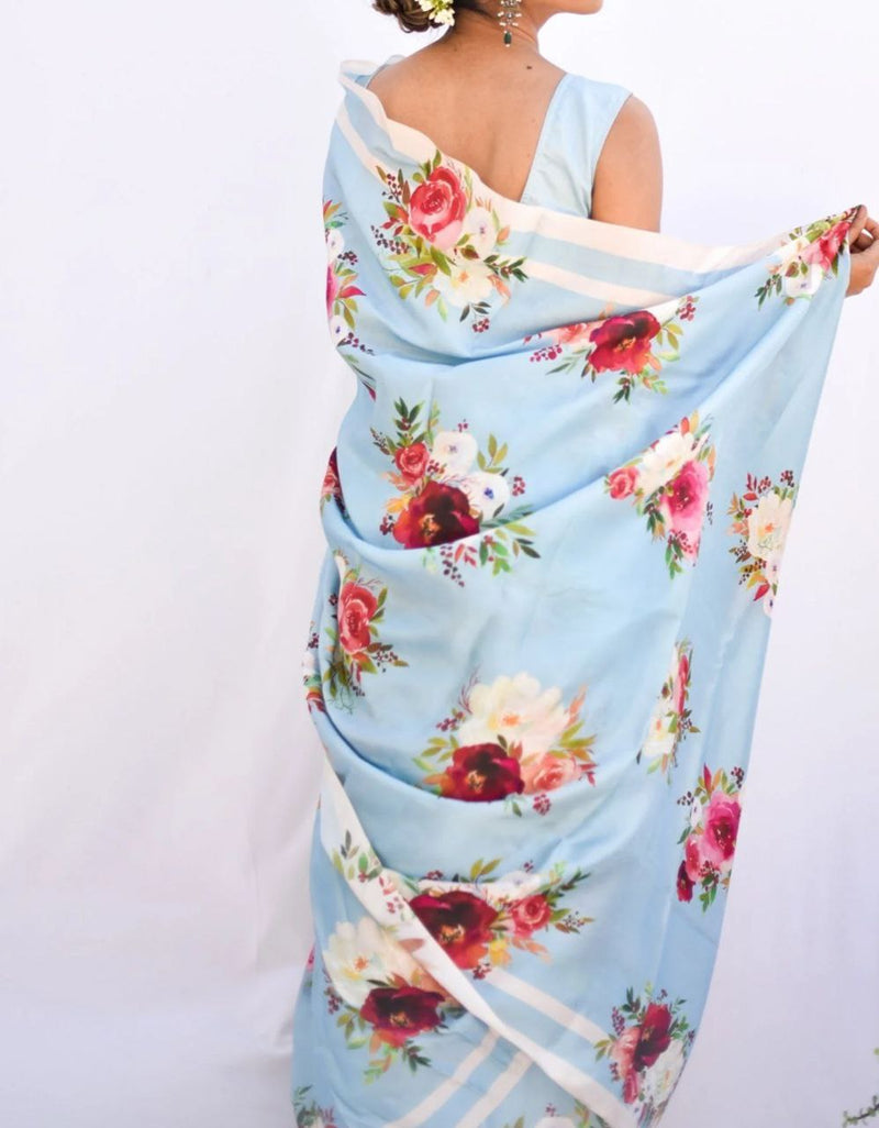 Aqua Bloom Floral Saree