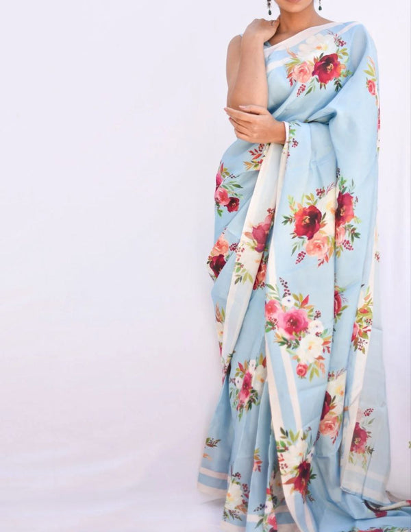 Aqua Bloom Floral Saree