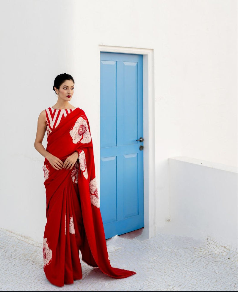 Crimson Bloom Handcrafted Designer Saree with Artistic Floral Motifs